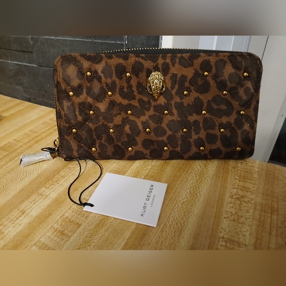 Kurt Geiger NWT Leopard Studded Quilted Suede Long Zip Wallet & Box - Picture 3 of 9